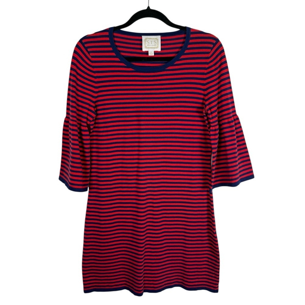 Sail to Sable Red Blue Stripe Bell Sleeve Crew Neck Knit Dress Nautical Sz M
